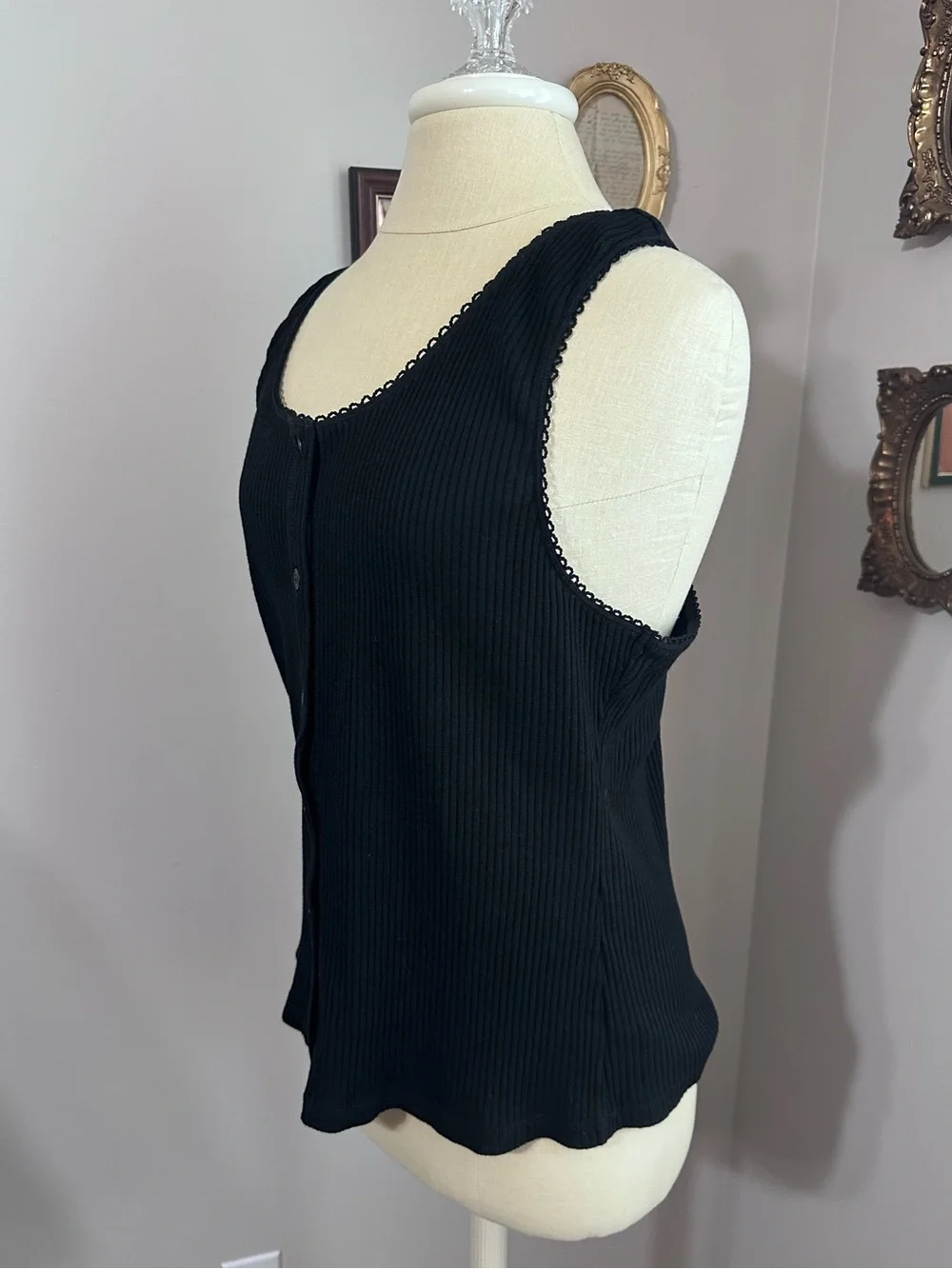 Free People Intimately Most Wanted Black Ribbed Button Tank with Scallop Trim